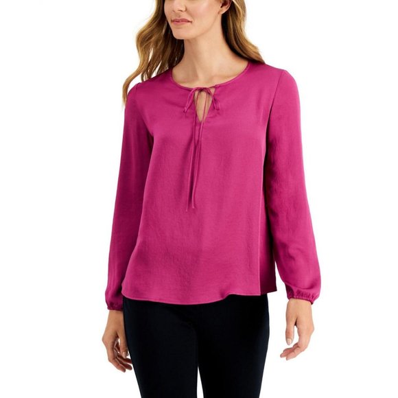 NWT Kasper Womens Woven Tie-Neck Blouse 10811936 XL Cerise Purple - Picture 1 of 3